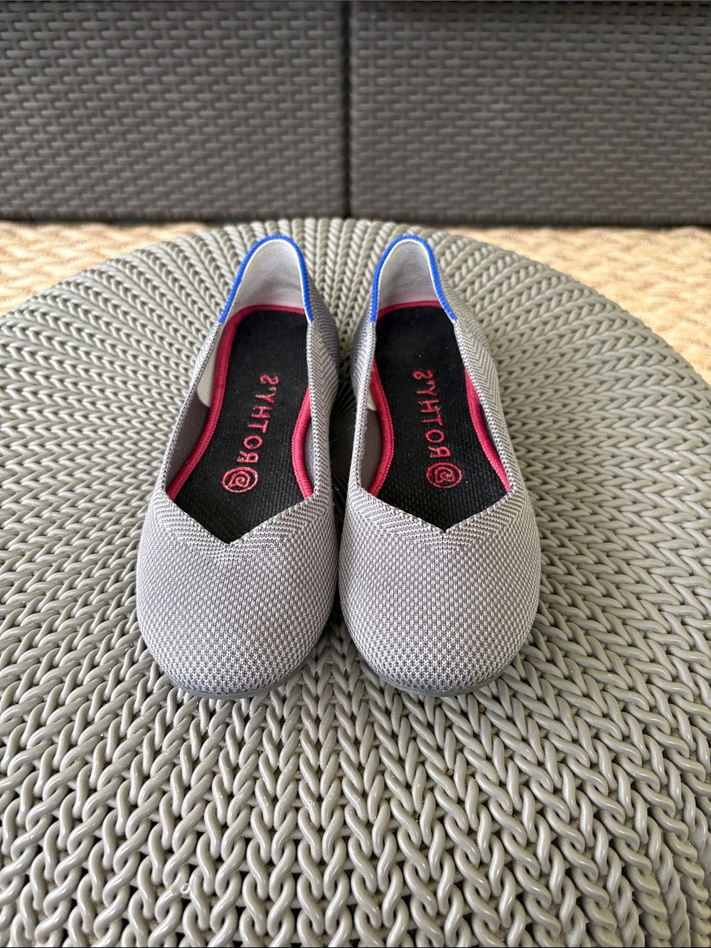 Rothy's Gray Knit Ballet Flats with Pink Lining and Blue Heel Trim